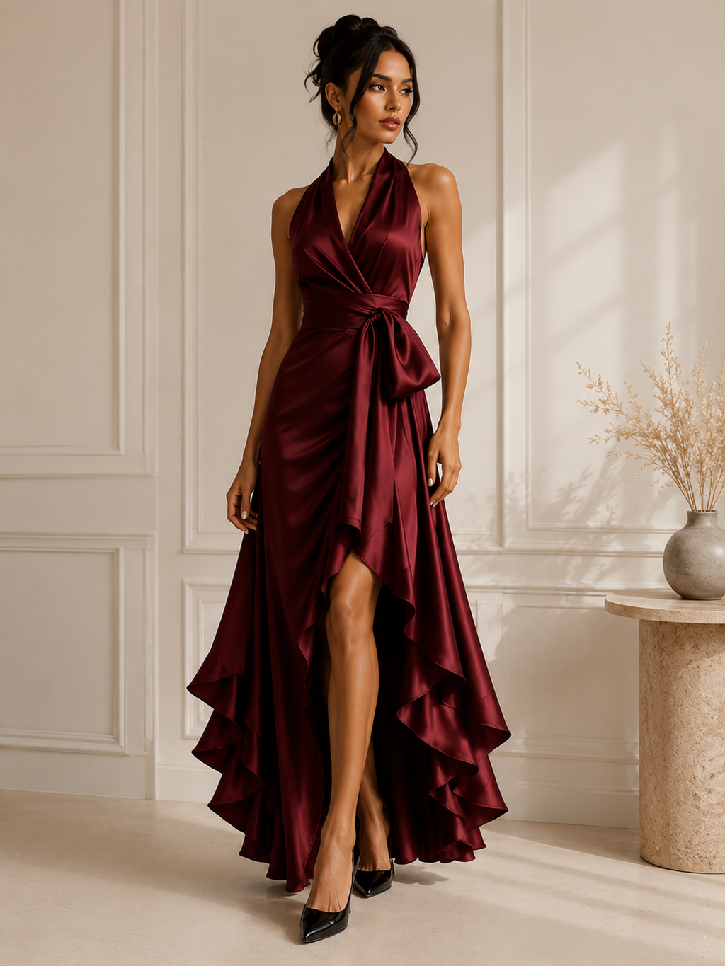 Full Size High-Low Ruffled Satin Maxi Dress